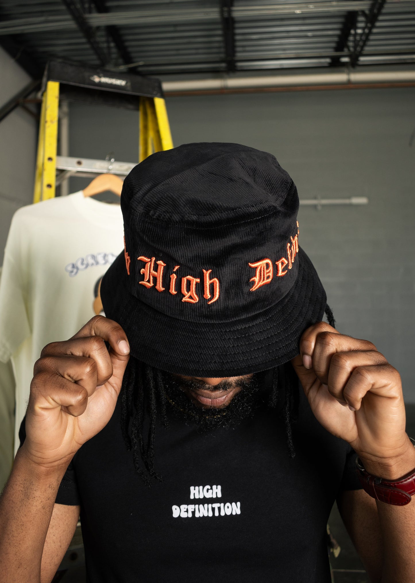 H.D Black Suede Orange Embroidery Bucket Hat