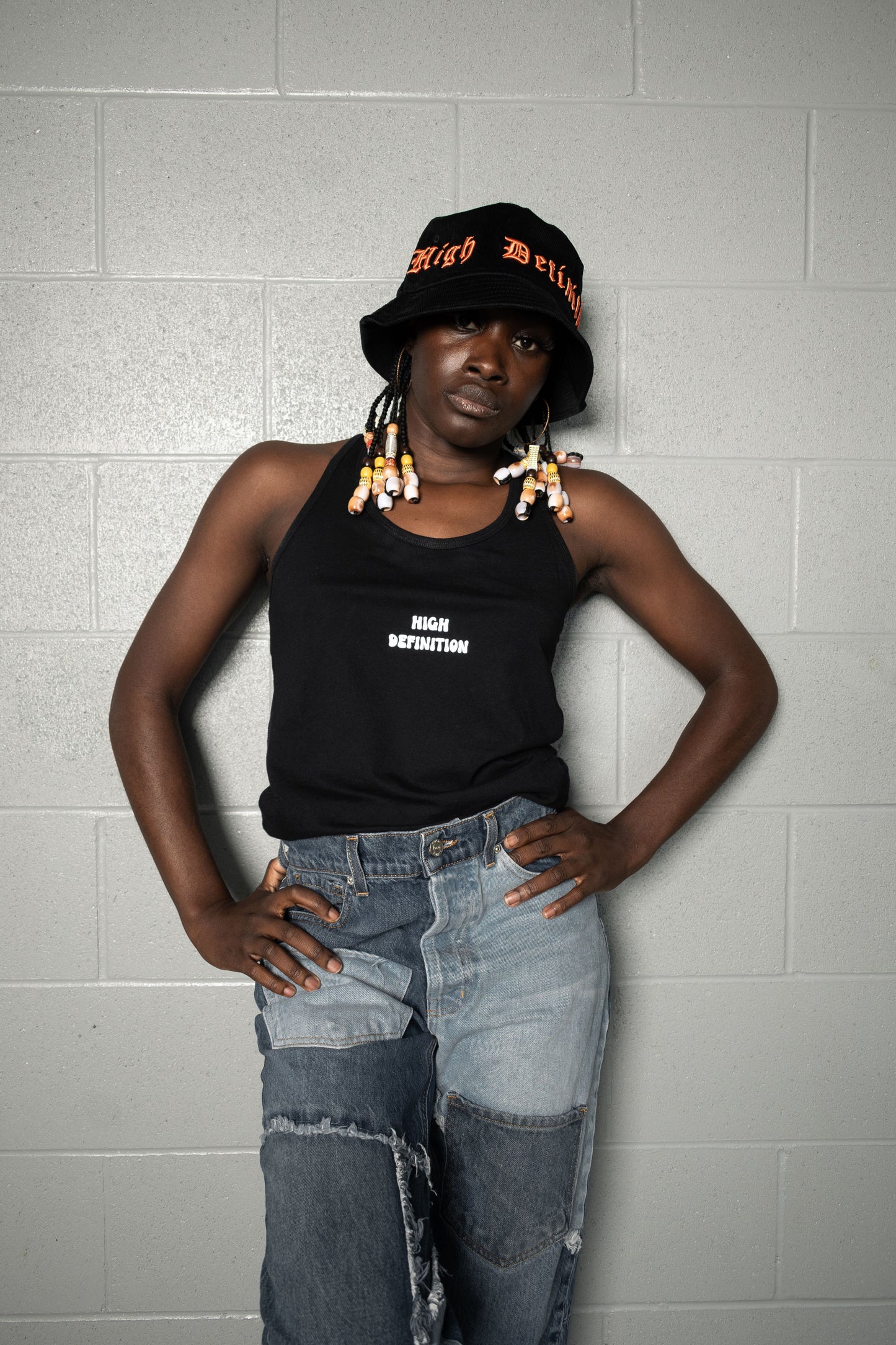 H.D Black Suede Orange Embroidery Bucket Hat